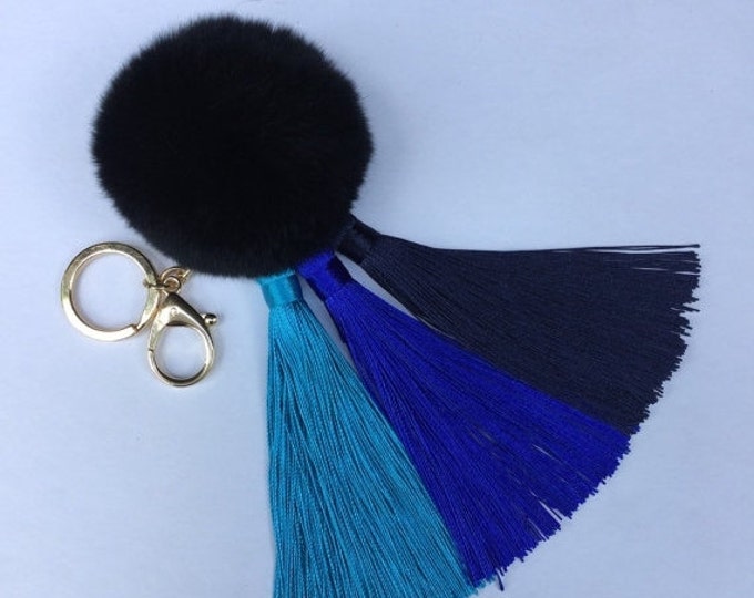 Blue Gradient Tassel Handbag Charm Fur Pom Pom ball keychain