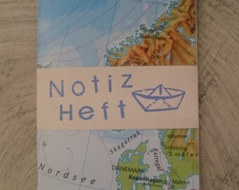 Notizheft Fernweh Reisebegleiter . Nordsee . Skandinavien . Norwegen . Schweden . physische Karte