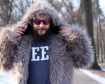 Man faux fur coat / Fake fur jacket with hood / Shaggy men coat/ Man oversize fur coat / Grey fake llama coat/ Playa coat/ Burning man coat