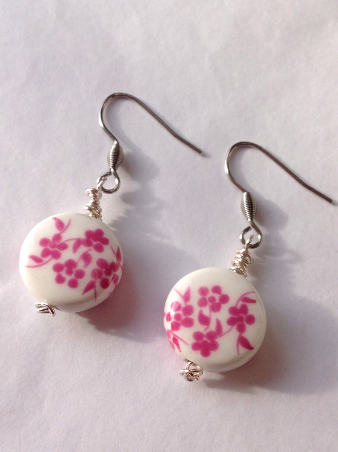 Porcelain Earrings Ceramic Earrings Pink Flower Earrings