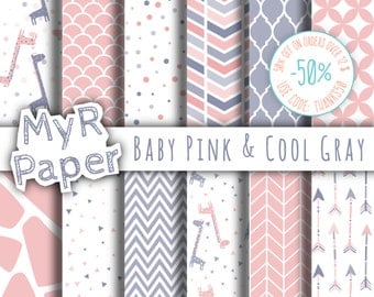 Giraffe digital paper: "Baby Pink & Cool Gray" giraffes pack of backgrounds with papers - perfect for Baby Shower