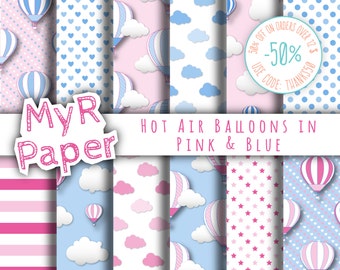 Hot Air Balloons Digital Paper: "Pink & Blue" patterns for scrapbooking, invite, card – perfect for vintage project and baby shower
