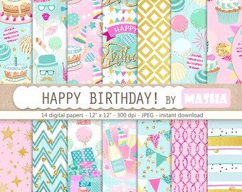 Birthday digital paper: "HAPPY BIRTHDAY" with party digital paper, party pattern, birthday pattern, cake digital paper, balloon pattern
