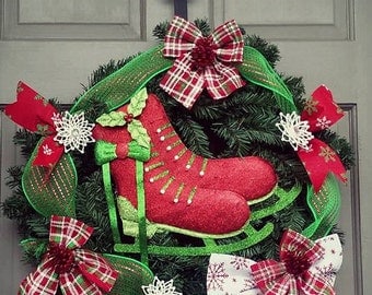 22 Inch Indoor Outdoor Ice Skates Winter Holiday Christmas Wreath with Snowflakes Bows Deco Mesh, Free Shipping