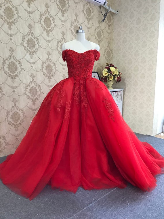 Detachable Skirt Ball Gown Red Coloured Sweetheart Neckline