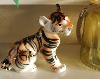 Vintage LOMONOSOV Tiger Cub USSR pottery, Russian big cat figurine, well stamped, Russia ornament glossy sculpture, super gift.