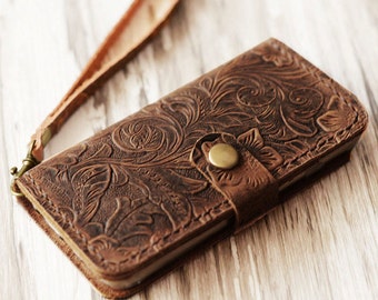 Wristlet iPhone 7 case iPhone 7 plus wallet case iPhone 7 cover iPhone 7 plus case wallet cover vintge look - Brown Pattern