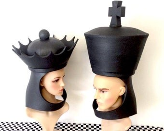 King & Queen Chess Hats. Couples Costume (one of each hat). Adult masquerade mask for men, women. His and hers crown headdress.