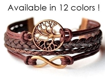 Tree of Life bracelet, Infinity Bracelet, Charm Bracelet, Leather Bracelet, Friendship Bracelet, Cuff, Beadwork, Eco-Friendly, Bronze, Cord