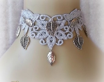 Silver Fairy Elven Leaf Choker, Fantasy Woodland Leaves Lace Necklace, Lace Choker, Metallic Silver Lace, Lace Collar, Pagan, Wiccan, Elf