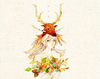 Deer Fabric,Hand Printed Fabric,Children Fabric Girl with Flowers ,One Panel 8"x 8" (20cm X 20cm) h76