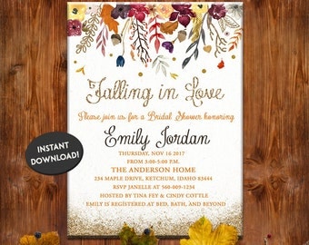 Fall Bridal Shower Invitation | Floral Watercolor Card | Flowers, Autumn, Printable | INSTANT DOWNLOAD DIY | Gold Glitter Leaves Card Invite