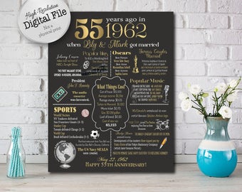 Personalized 55th Anniversary Chalkboard Poster, 1962 Events & Fun Facts, 55th Anniversary Gift, 55 Years Ago, Digital File
