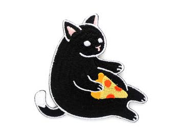 Black Pizza Cat Patch (cute cat patch embroidered pizza patch embroidery flair kitten pin black cat pepperoni pizza gift cat lover gift)