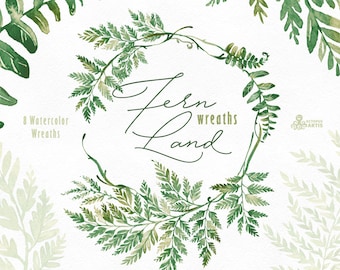 FernLand. Wreaths. Watercolor floral clipart, ferns, leaves, wild, wedding invitation, suite, greeting, green, planner, forest, minimalistic