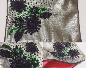 Custom handmade embroidered clutch bag with beads, sequins and ribbons