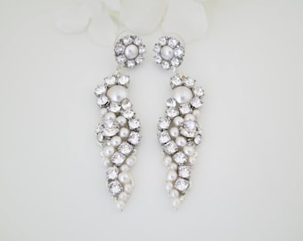 Statement wedding earring, Swarovski crystal and pearl bridal earring, Unique long drop chandelier earring