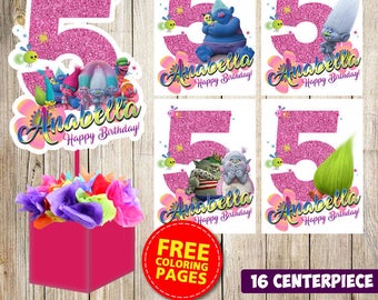 16 Trolls centerpieces, Trolls printable centerpieces, Trolls party supplies, Trolls birthday, Favors, decorations