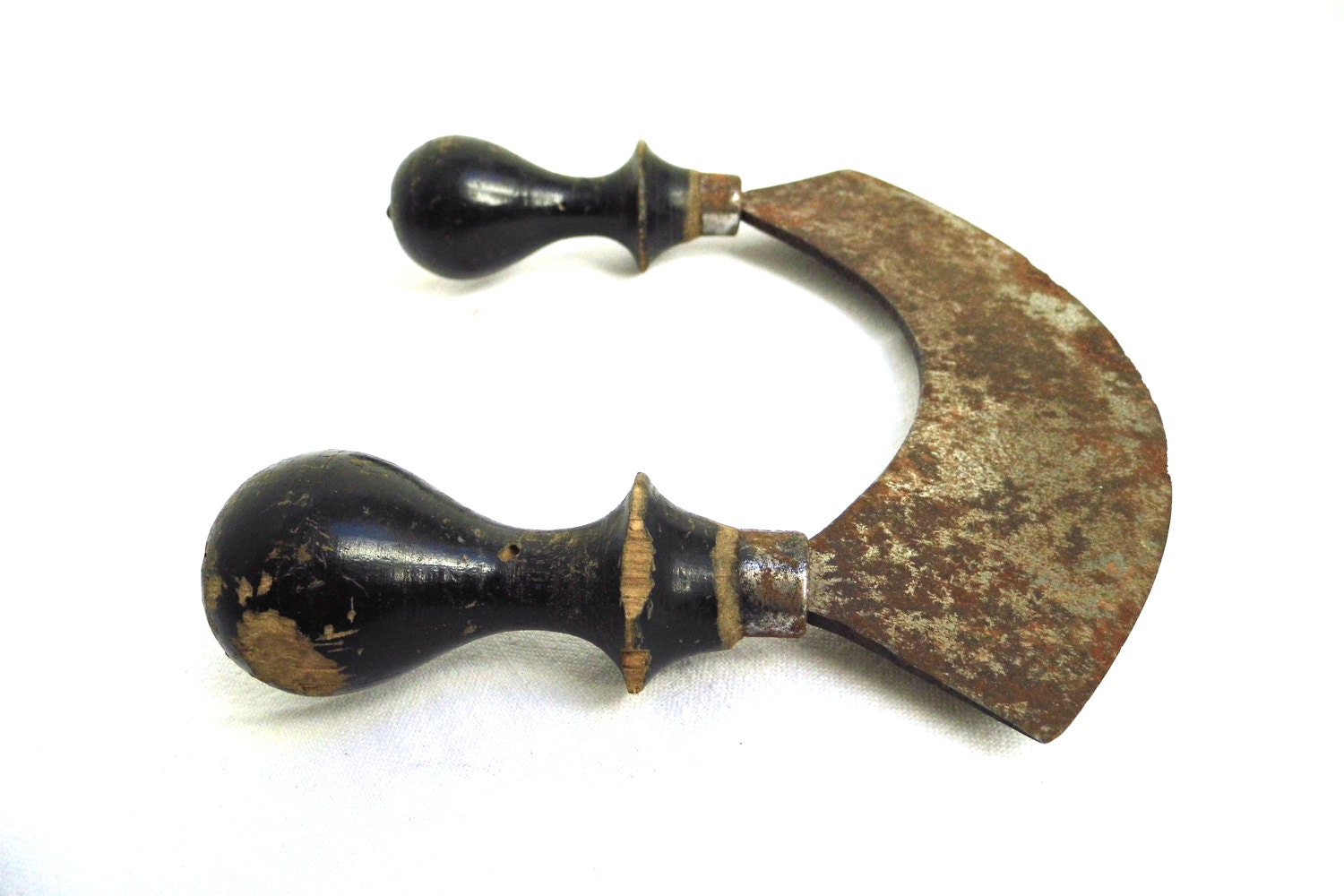 Vintage Wood Herb Chopper Antique Mezzaluna Food Mincer Double