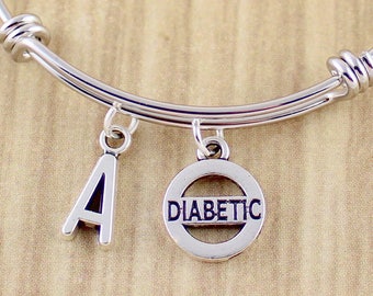 Initial Diabetic Bangle Bracelet | Diabetic Bracelet | Diabetes Bracelet | Popular Trendy Expandable Bangle Style Bracelet w. Diabetic Charm