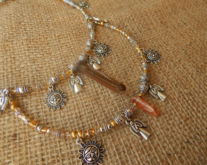 Crystal necklace, ethnic boho necklace, quartz necklace, tribal necklace, sun bohemian necklace, festival jewelry, angel necklace