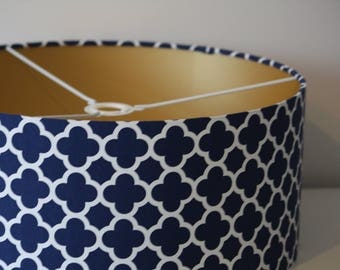 Handmade Drum Lamp shade covered in Navy Riley Blake Quatrefoil with choice of lining colour