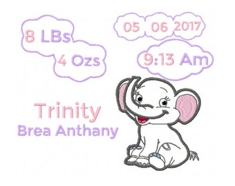 Baby Elephant Applique Design - Newborn Announcement Design - Newborn Subway Art - Birth Announcement Applique Design - Birth Announcement