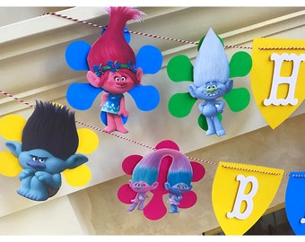 TROLLS Birthday Banner-Trolls Theme Party-Trolls Decorations- 9 Troll Characters!