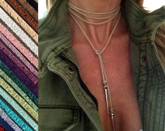 Choker Leather Choker Necklace Lariat Tie Tan Silver Spike Boho Leather Gift for Her Under 25 Long Modern Minimalist Bullet Dagger Suede Red