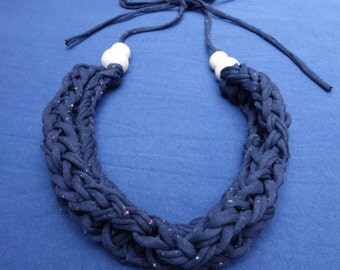 Navy tshirt yarn necklace, fabric necklace, polymer clay jewellery, polymer clay necklace, finger knitting, hand knitting, chunky necklace