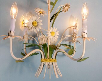 Vintage 60s Mid Century Painted Floral Tole Chandelier, Cottage Decor Toleware Daisy 4 Light Hanging Light Fixture, Mod Flower Chandelier