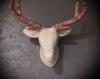handmade deer head wall mount white lace with pink floral antlers