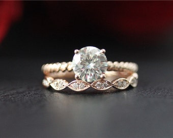 Unique Wedding Ring Set 7mm Round Cut Moissanite Engagement Ring & Wedding Band 14K Rose Gold Moissanite Ring Set/Promise/Anniversary Ring