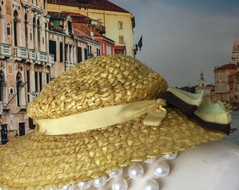 Vintage Hat Yellow Straw "Betty Co-Ed" Size 7-7 1/8 1930s Beautiful ribbon