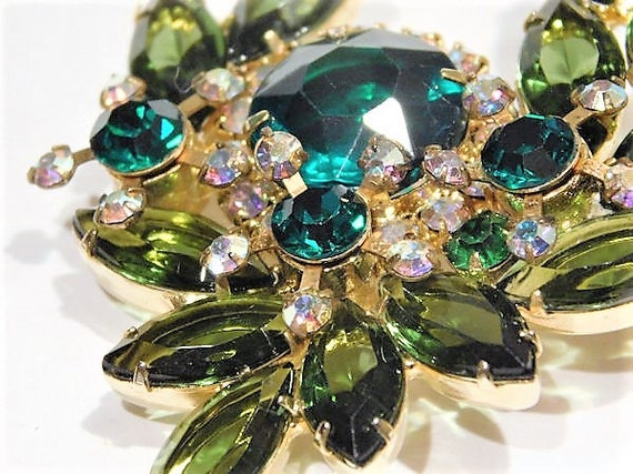 Juliana DeLizza Elster D & E Rhinestone Brooch Verified D E Mid Century Vintage 1960s Hollywood Emerald Green AB Aurora Borealis Wedding
