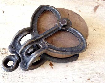 Pulley, cast-iron pulley, farmhouse, decorative pulley, barn pulley, block and tackle, wood pulley, industrial pulley, barn decor, farm chic
