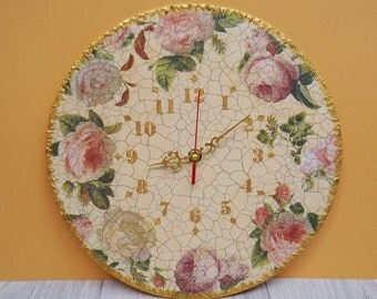 Wall clock vintage roses wood clock unique wall clock handmade clock wooden wall clock wall clocks art clock original gold beautiful gift
