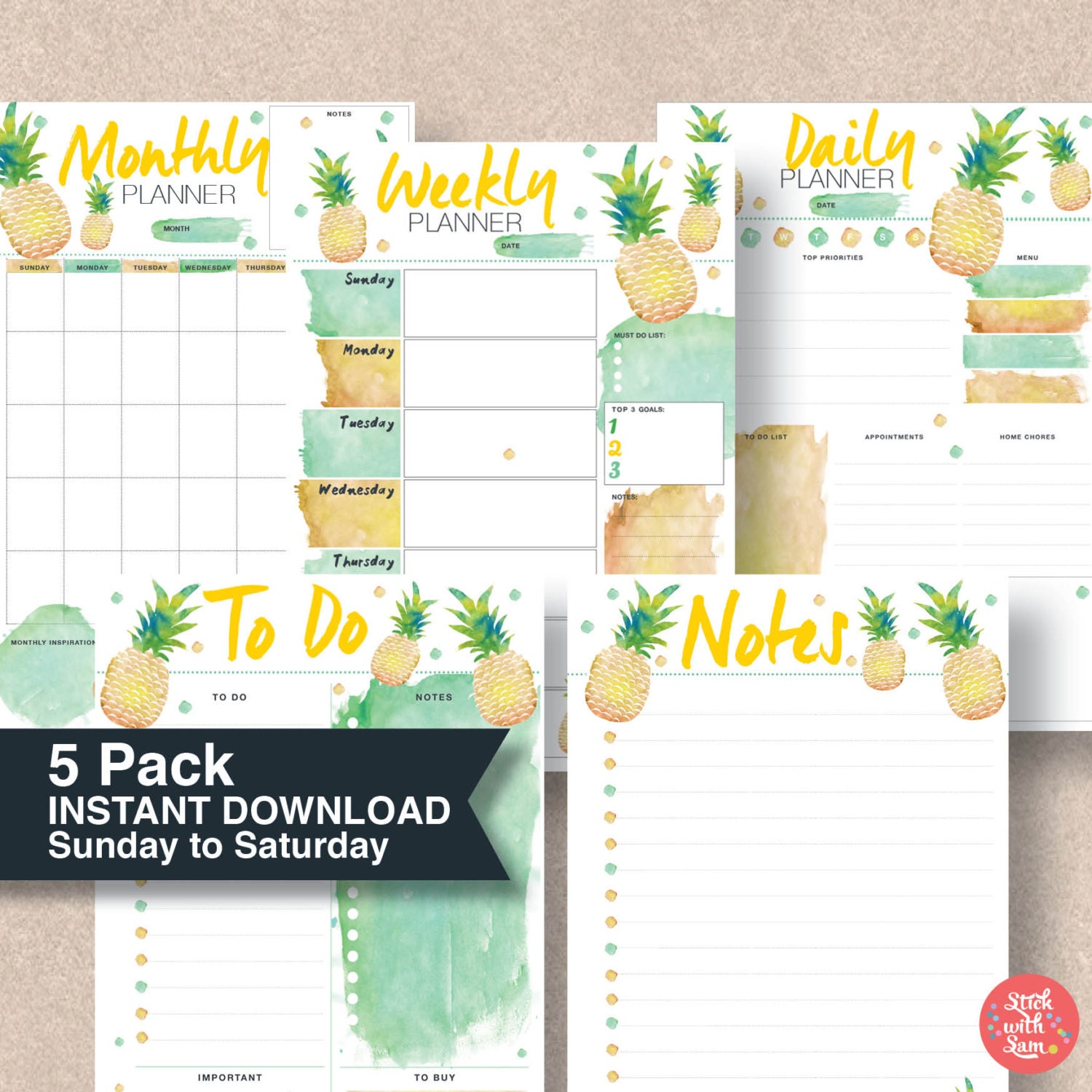 planner pack pineapple sunday to saturday start printable