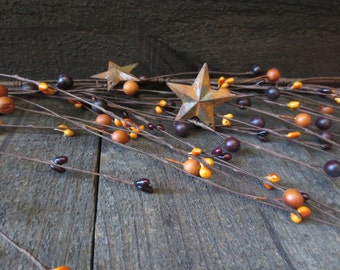 5 Feet Country Burnt Orange & Deep Plum Primtive Wispy Mixed Pip Berry Garland with Rusty Stars 60 inches