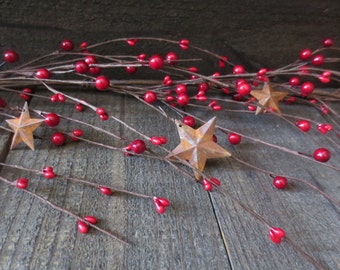 5 Feet Red Primtive Wispy Mixed Pip Berry Garland with Rusty Stars 60 inches Perfect for the Holidays