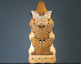 Butterfly Mail, Keys Holder, 70s Wall Hanging Wood Mail Organizer and Key Rack