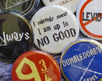 Harry Potter buttons 1.25" / 32mm pins pin back badges / 9 3/4, Weasley is our King, Leviosa, Potter Stinks, Always, Deathly Hallows, SPEW