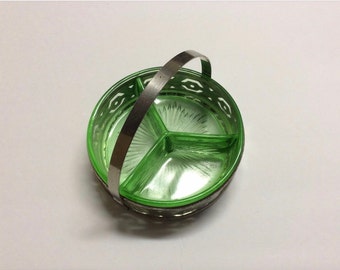 Vintage Green Glass Divided Relish Dish With Silvetplated Tray