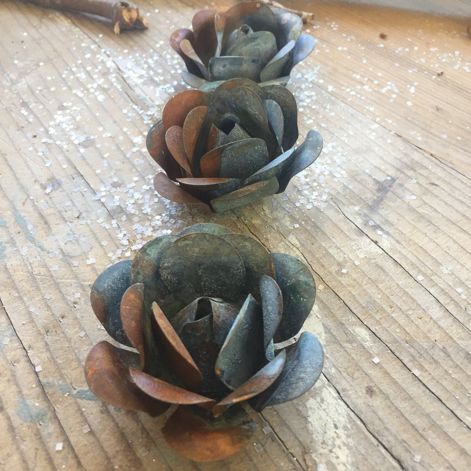 3 Rustic Rose Flower Metal Rusty Aged by JoyMadeMarket on Etsy