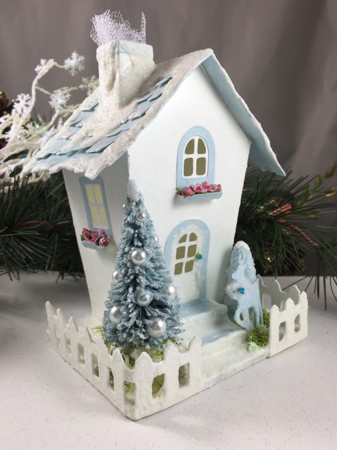 Glitter Putz House Christmas Village Vintage Blue Lighted