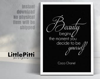 Printable art Coco Chanel quote, Beauty begins the moment you decide to be yourself, Fashion Quotes, Chanel Wall Art Print, Digital File