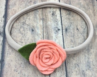 Coral Felt Flower on Metal Clip or Elastic Headband; Buy 3 Get 1 Free! Coral Baby Headband, Nylon Headband, Felt Flower Headband