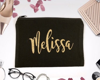 Personalized Makeup Bag, Bridesmaids Gift, Makeup Bag, Canvas Bag, Tote With Zipper, Makeup Tote, Personalized Tote, Gold Foil, Glitter Gold