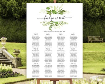 Wedding Seating Chart Template, Greenery Wedding Seating Chart, Seating Chart Poster, DIY Seating Chart, Seating Plan, Editable Template