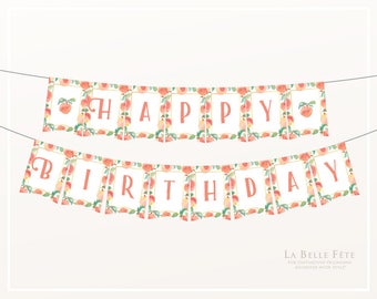 SWEET as a PEACH Happy Birthday PRINTABLE bunting / banner party decoration in pink, blush and gold with watercolor peaches